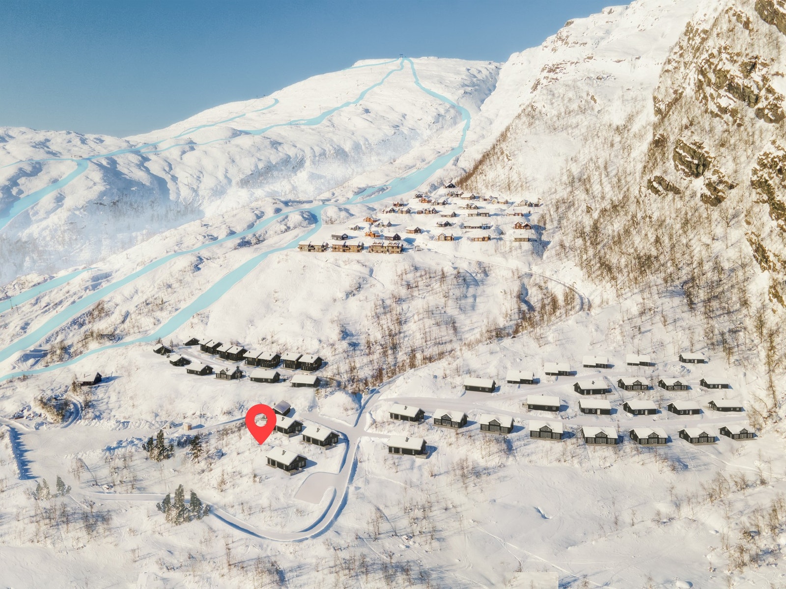 Illustrasjon som viser hytter på tomteområdet. Felt H4 markert Galleribilde