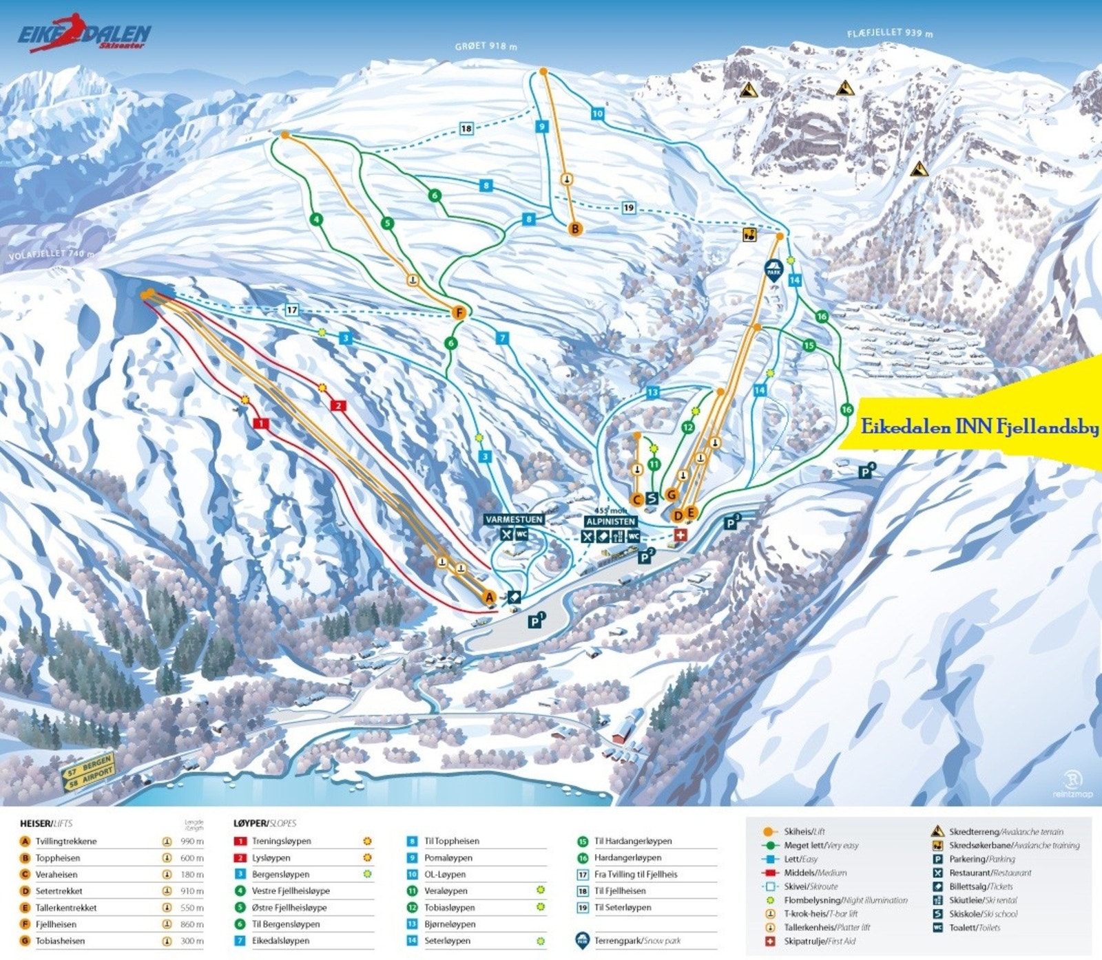 Kart Eikedalen skisenter med Eikedalen INN Fjellandsby markert Galleribilde