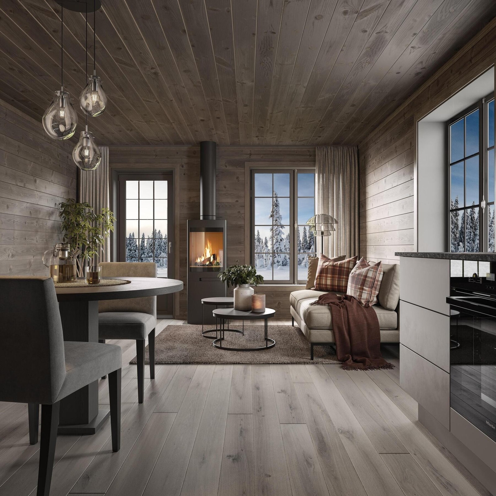 Koselig stue/kjøkken med peisovn. Illustrasjon. Galleribilde