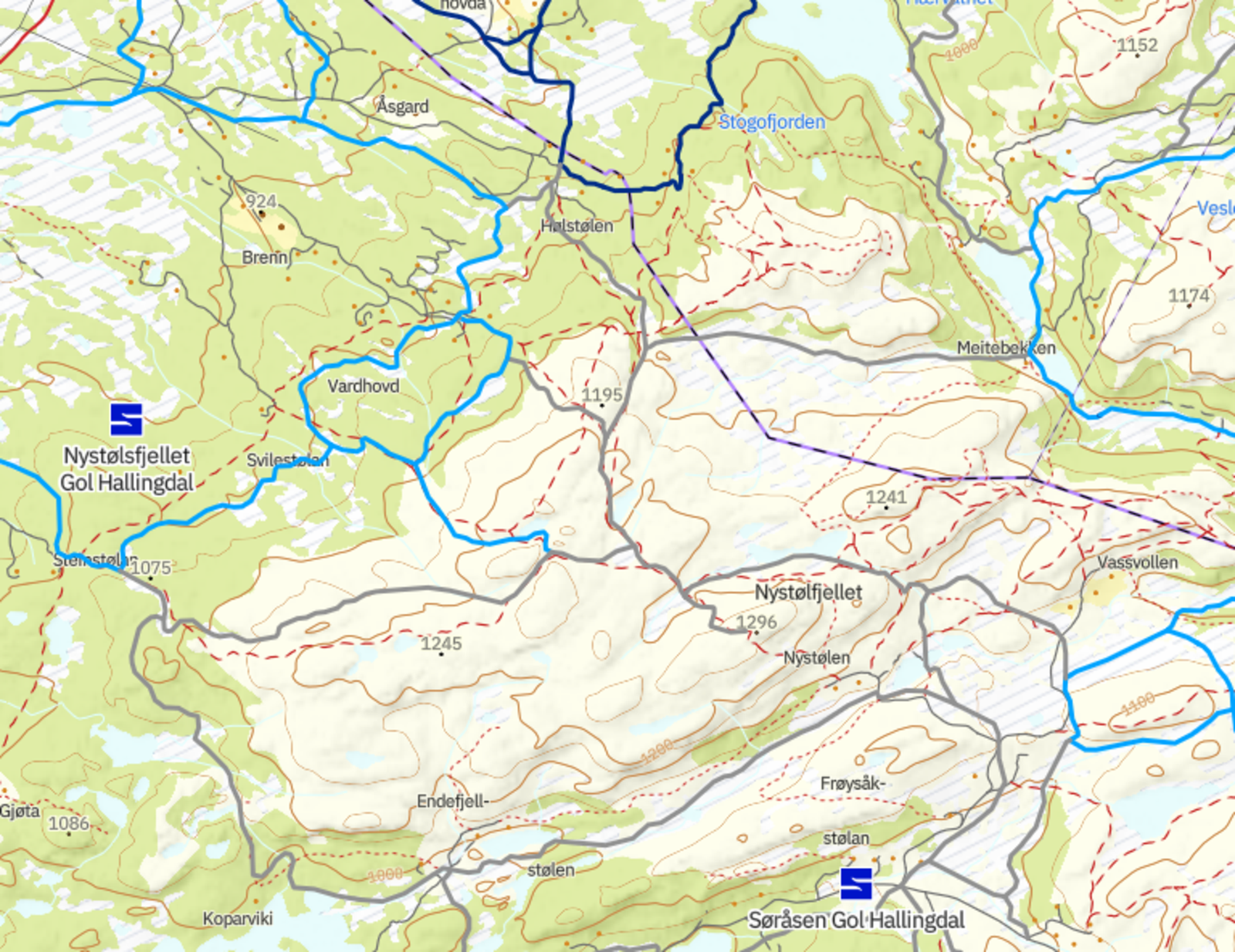 Kart fra Skisporet.no som viser skiløypenettet i området Galleribilde