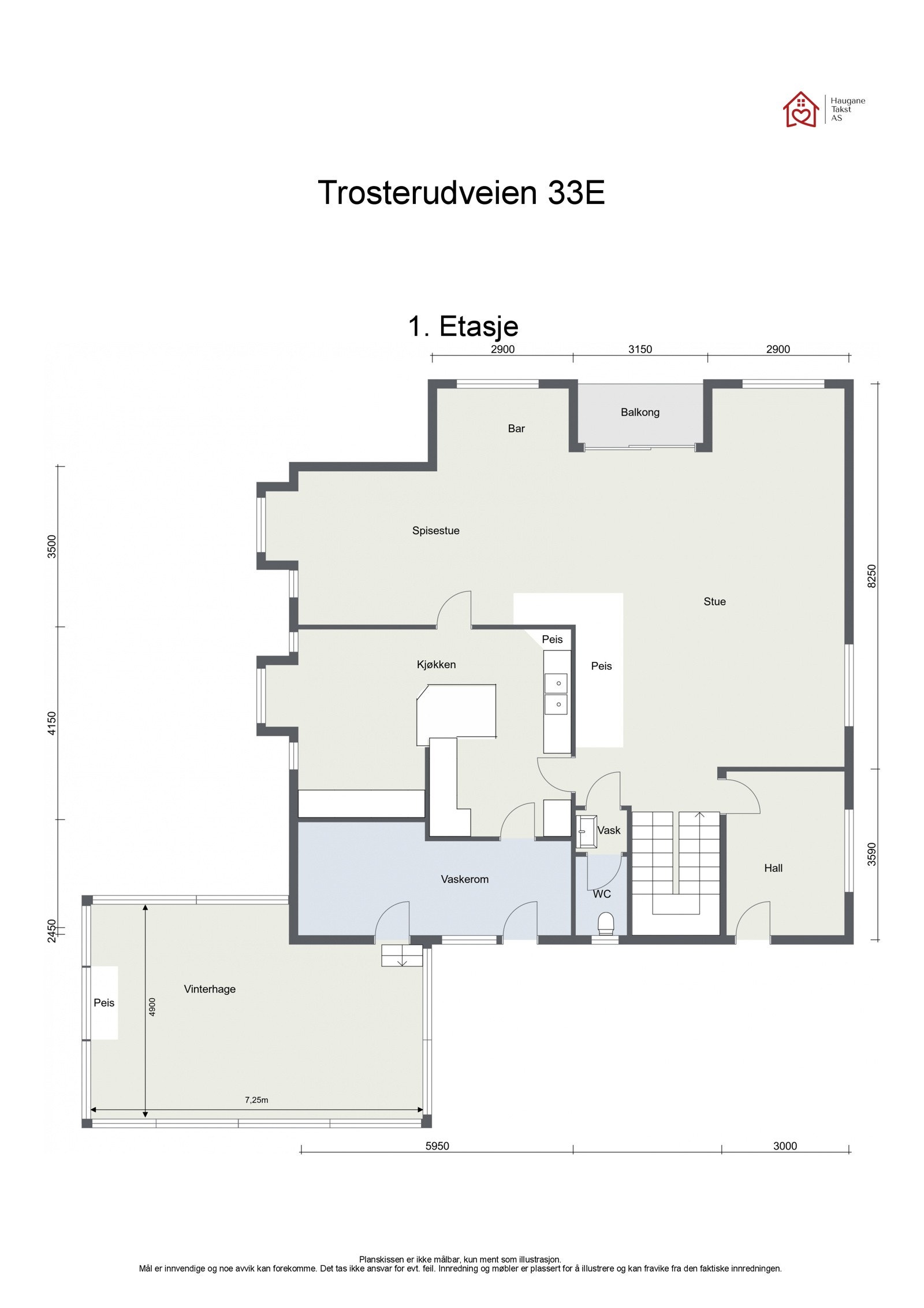 Planskisse 1.etasje:(P-rom/BRA 165 kvm): Hall, kjøkken med spiseplass, spisestue, salongdel med utgang til balkong, bar, hagestue, vaskerom med utgang (inngang også til hagestuen), separat wc. Galleribilde