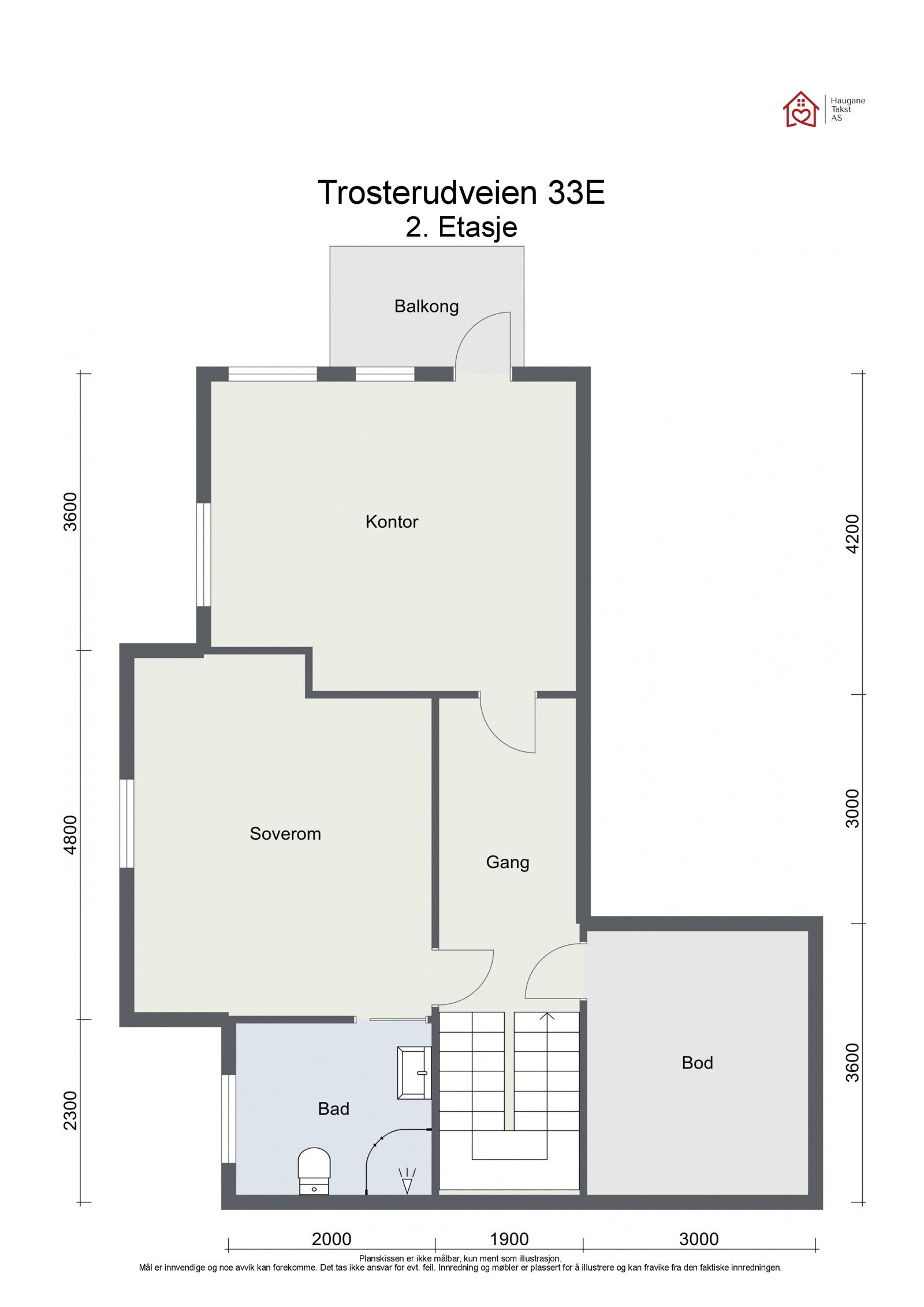 Planskisse 2.etasje (P-rom 44 kvm): Gang, 2 soverom hvorav ett har utgang til balkong, bad/wc + (S-rom 11 kvm): Bod. Total Bruksareal i 2. etasje: 55 kvm. Galleribilde