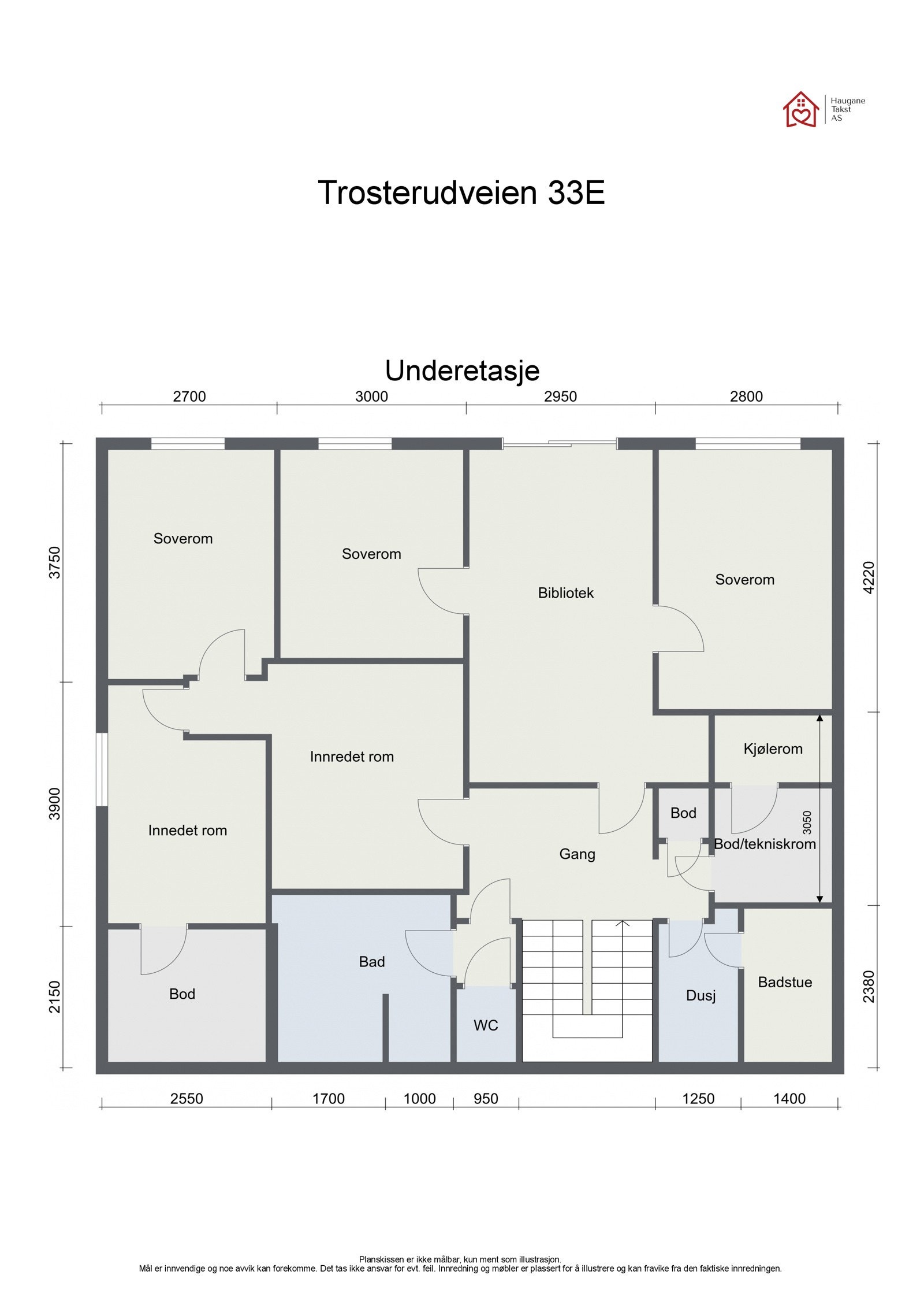 Planskisse U.etg (P-rom 105 kvm): Bibliotek med utg. direkte til terreng/hage, 3 soverom, bad, separat wc, dusjrom med badstue, trappehall, 2 innredede rom (ett med vindu) + (S-rom 13 kvm): kjølerom, teknisk rom/bod, 2 boder. Totalt BRA 118kvm. Galleribilde
