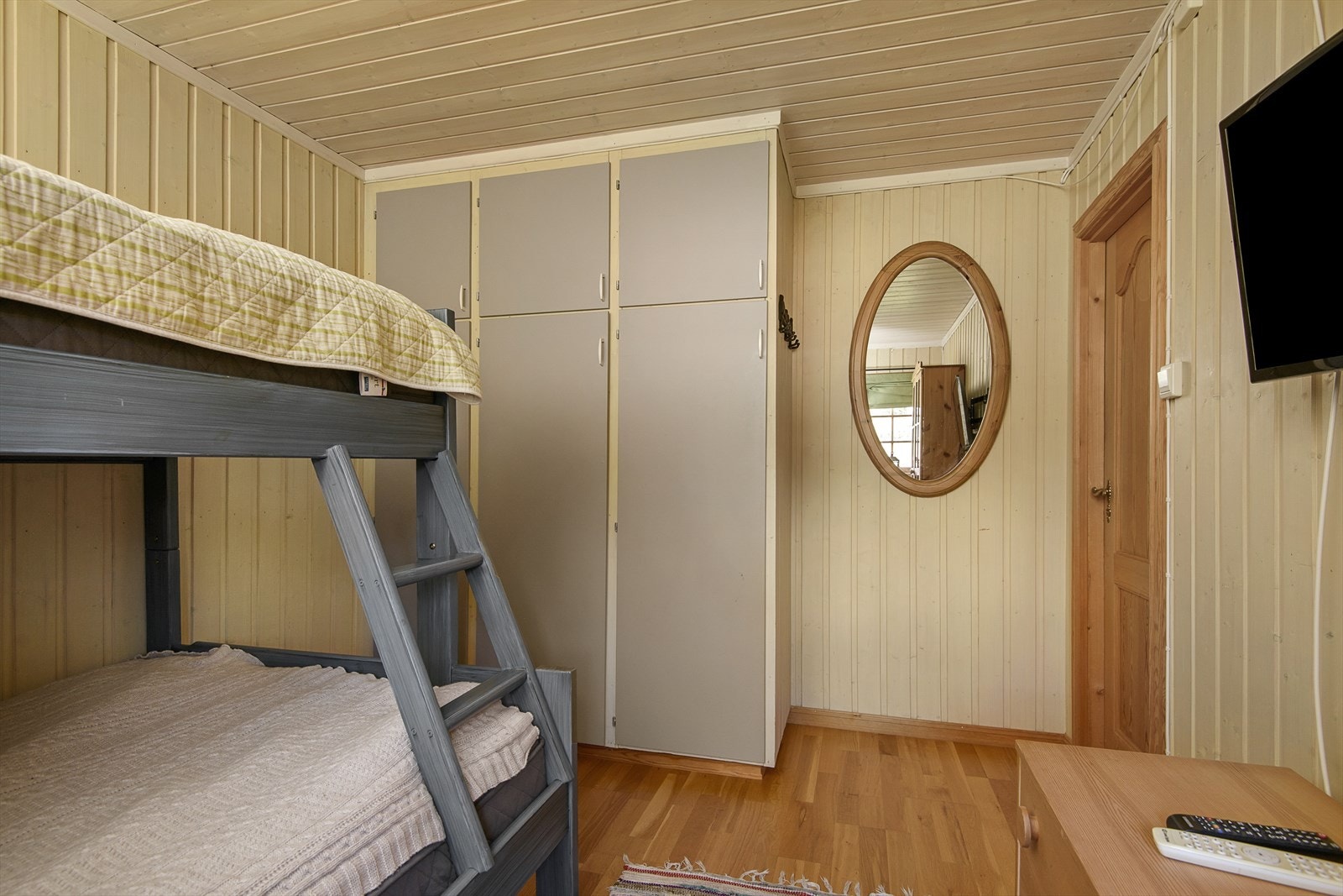 Plassbygget garderobeskap med malte fronter på det ene soverommet. Galleribilde