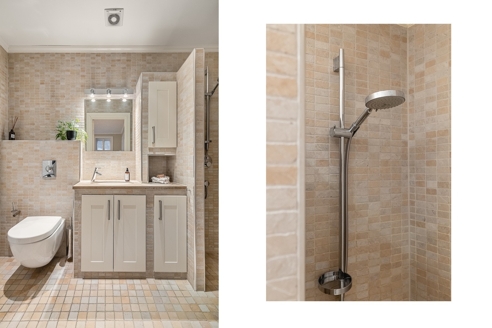 Badet er innredet med vegghengt toalett, dusjnisje, servant med møblement, speil og belysning, samt røropplegg for vaskemaskin. Galleribilde