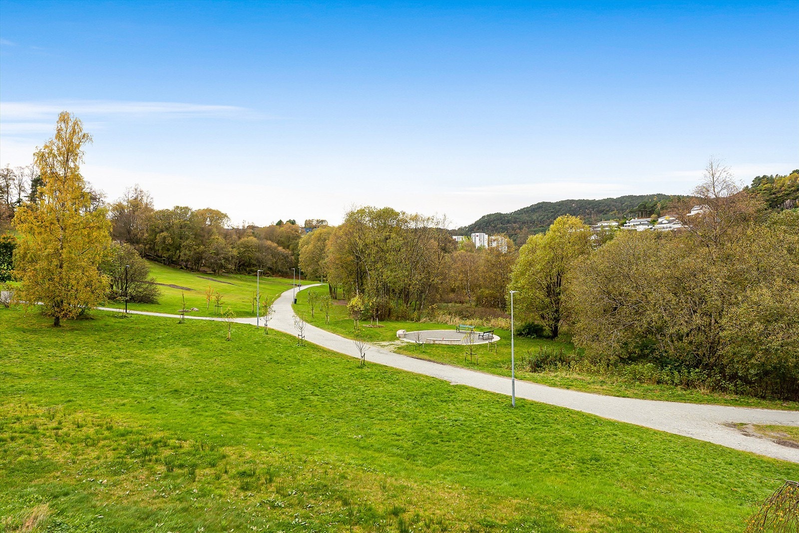 Deilig utsikt mot parkanlegg og Lynghaugtjørna. Retningen er vestvendt. Galleribilde