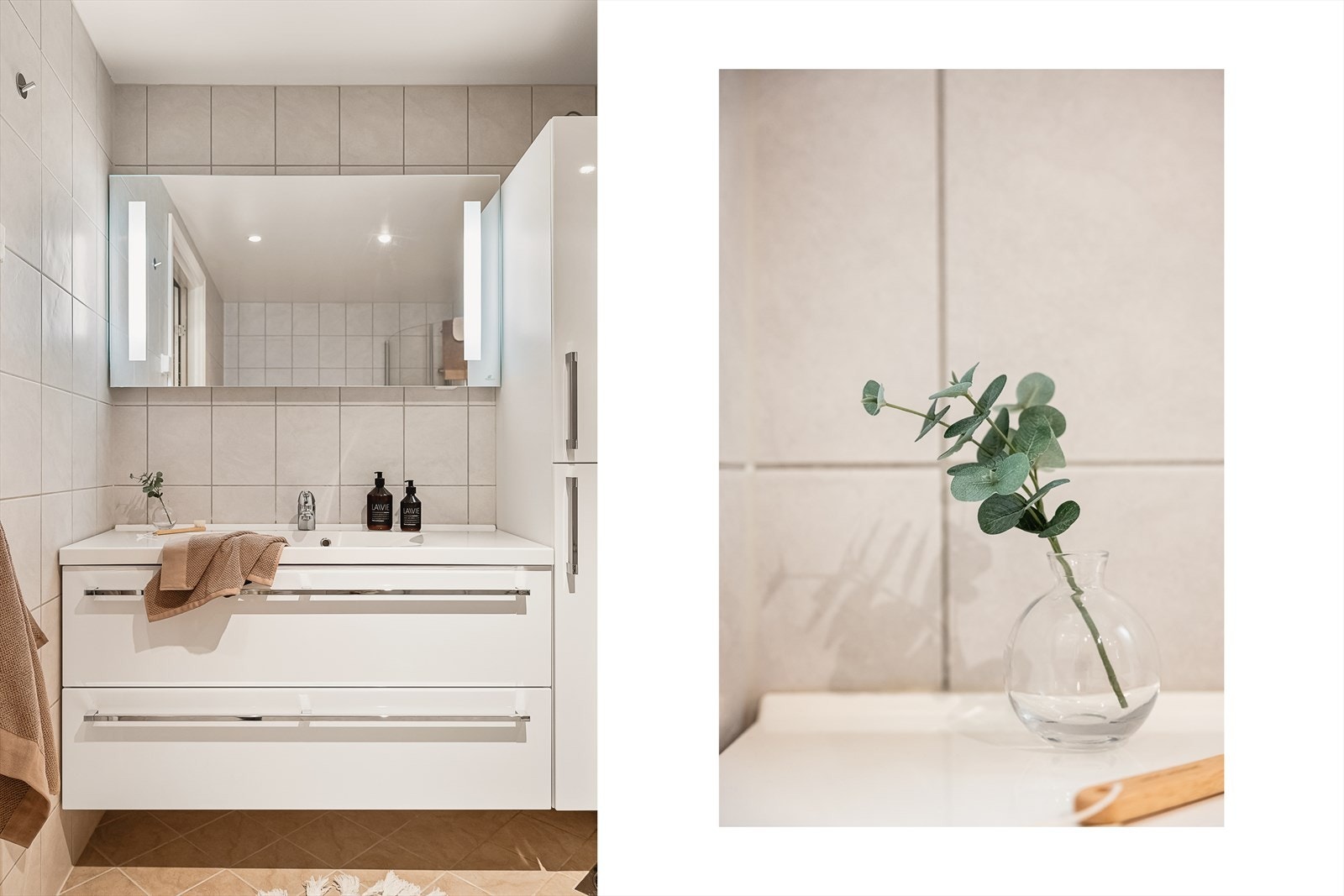 Badet er innredet med vegghengt wc, dusj med glass foldedør, servant med møblement, speil og belysning Galleribilde