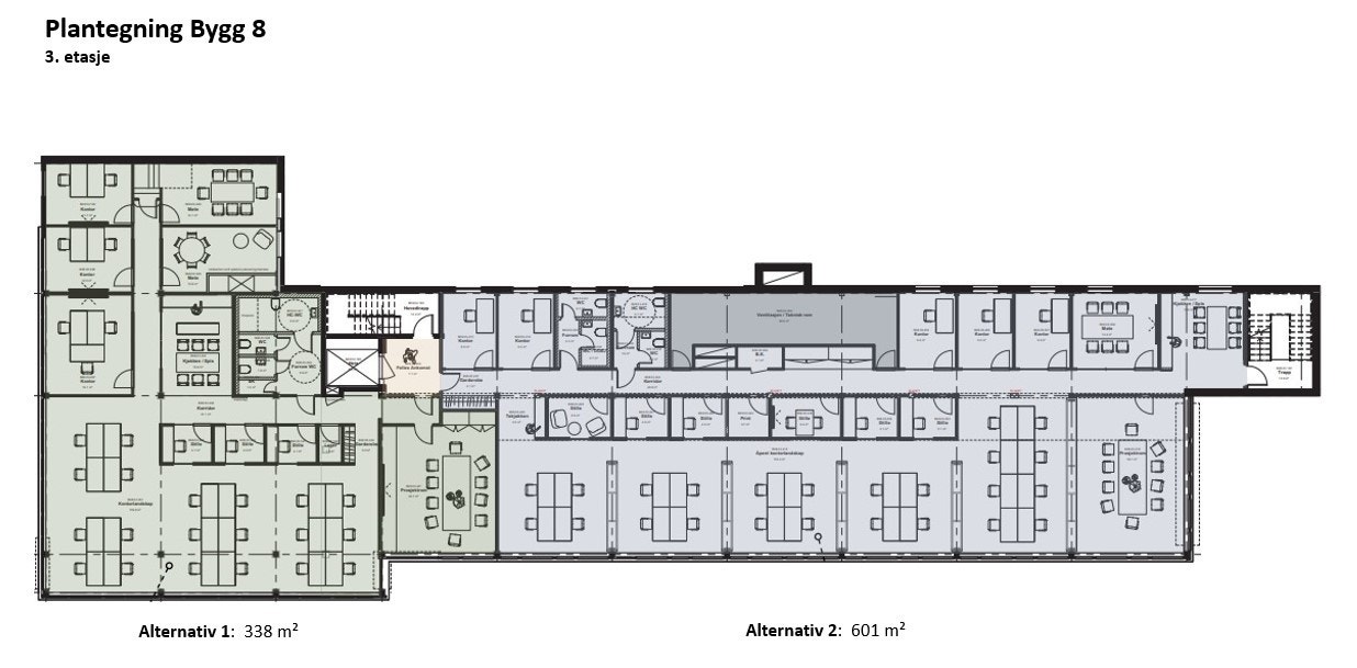 Plantegning 3. etasje Bygg 8. Lokalene på 939 kvm kan leies samlet, eller deles ned i hhv. 338 kvm 601 kvm. Galleribilde