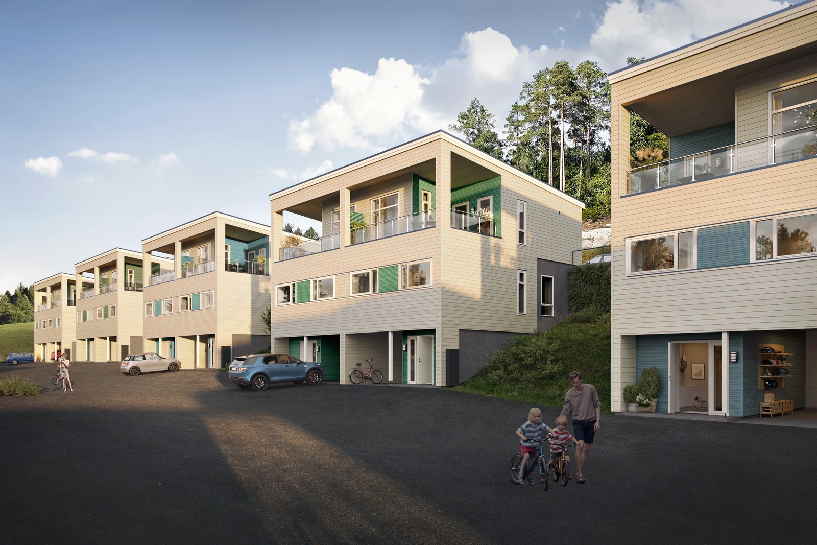 Moderne boliger med kort vei til skole og barnehage. Illustrasjon. Galleribilde