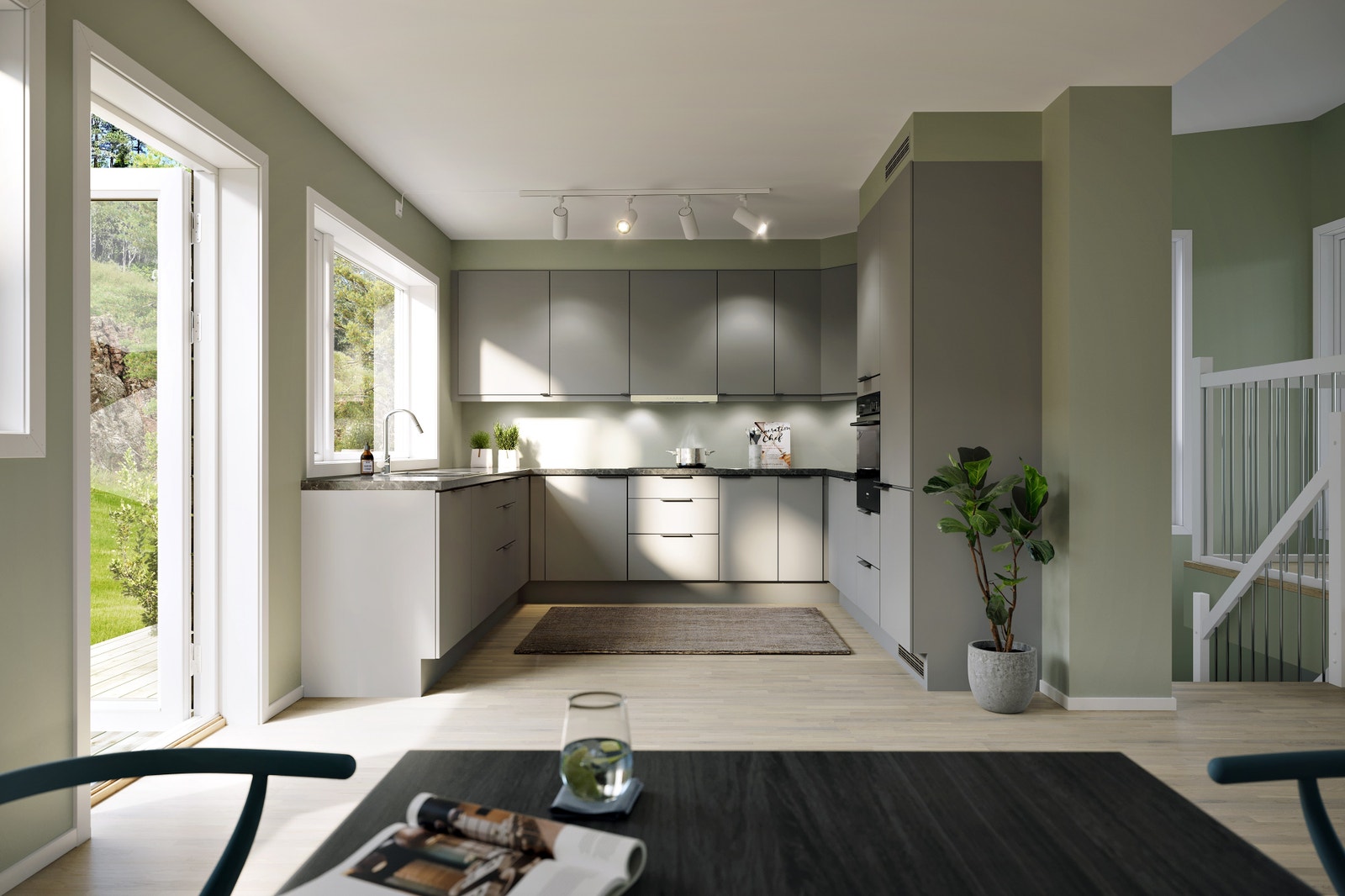 Innholdsrikt kjøkken fra HTH med hvitevarer fra Siemens. Illustrasjon. Galleribilde