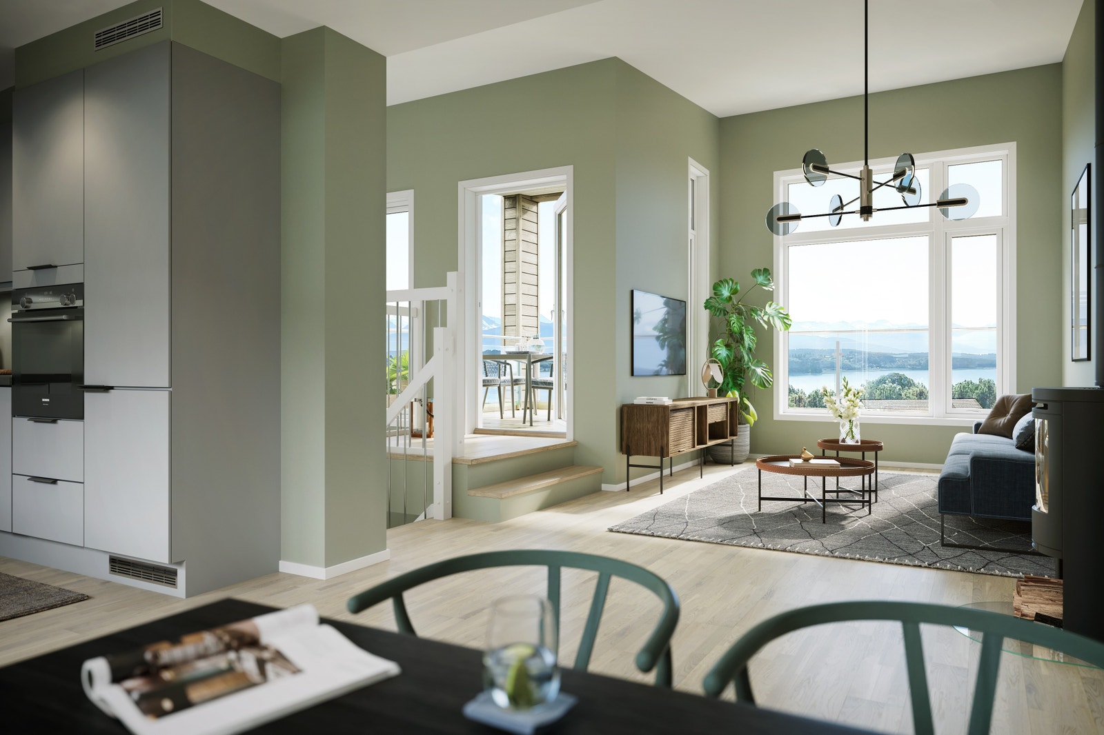 Stue med god takhøyde og utgang til terrasse med flott utsikt. Illustrasjon. Galleribilde