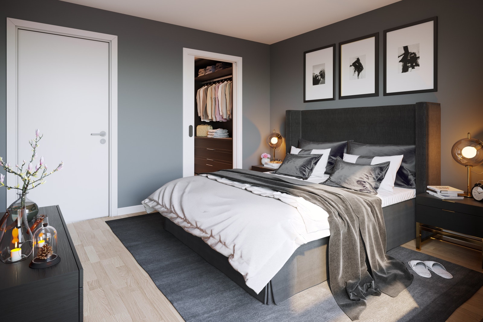 Soverom i 3-roms på 92 m2. Innredningen som er illustrert i walkin garderoben er kun ment som en illustrasjon og medfølger ikke. Galleribilde