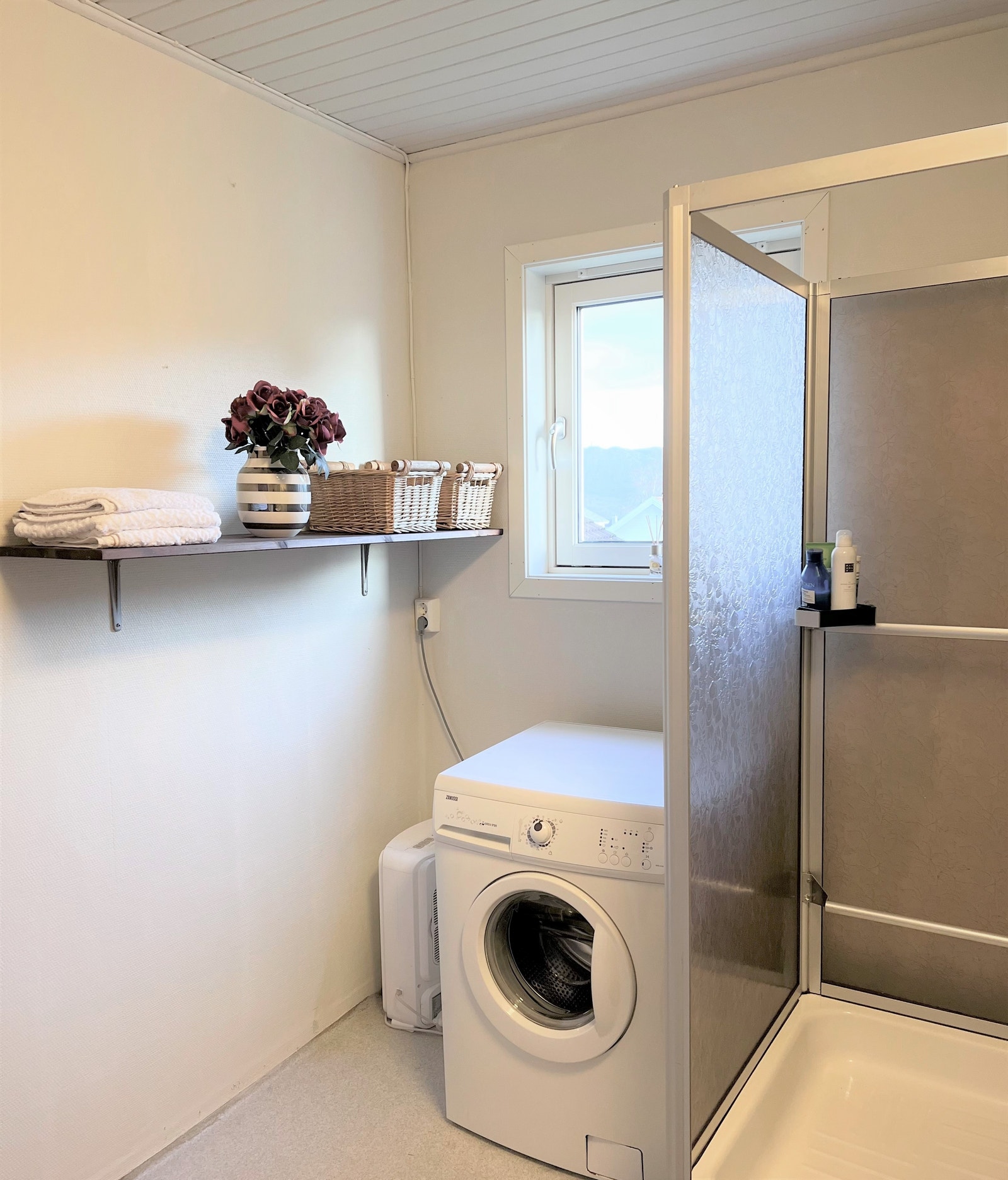 Enkel standard på bad med dusj og vaskemaskin Galleribilde