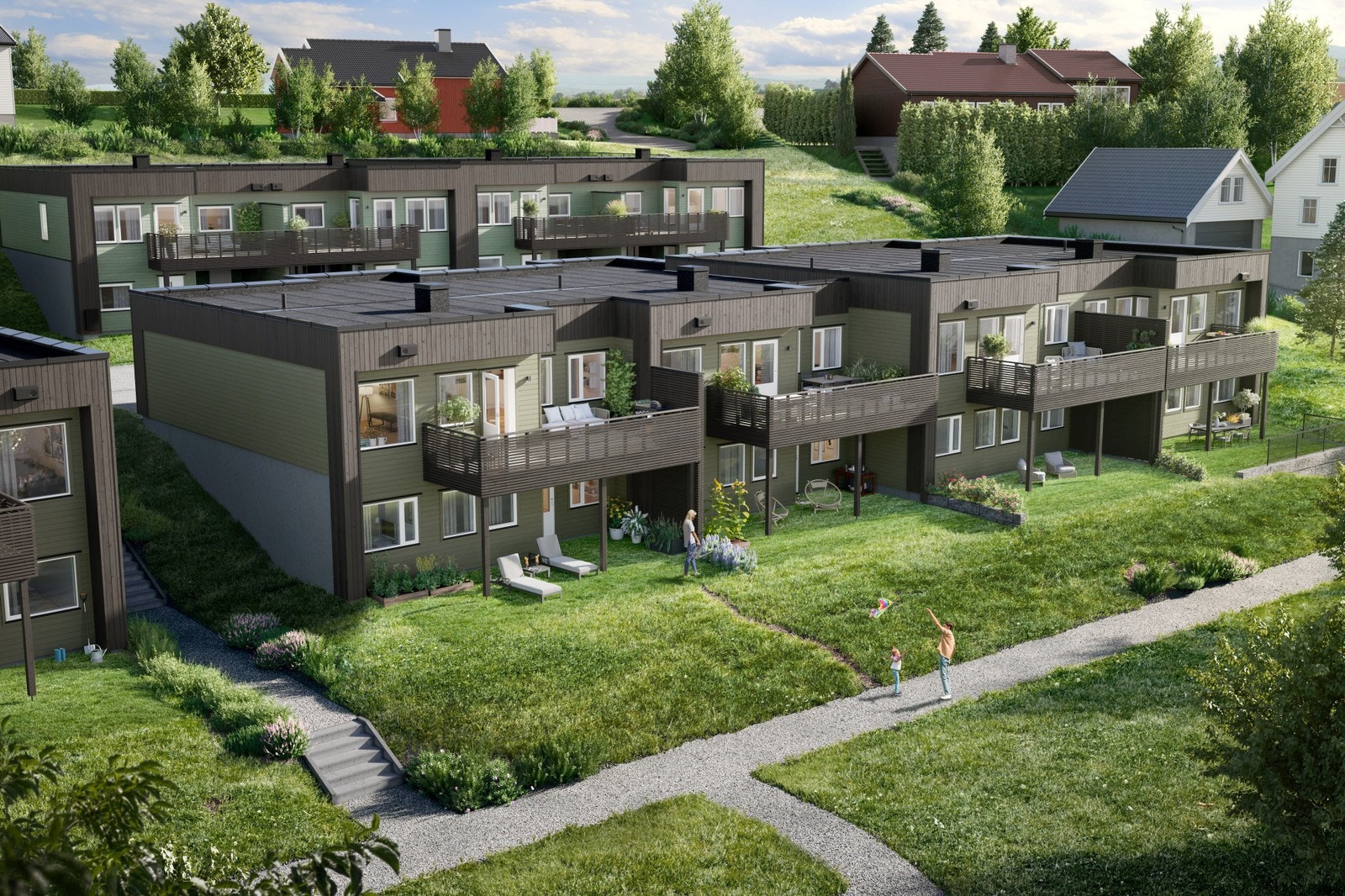 Fremre rekke med flotte terrasser ut fra stuen og utsikt over Hønefoss Galleribilde