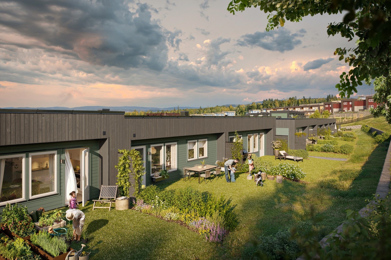 Bakre rekke får lune og solrike hager mot syd. Direkte utgang fra romslig kjøkken Galleribilde