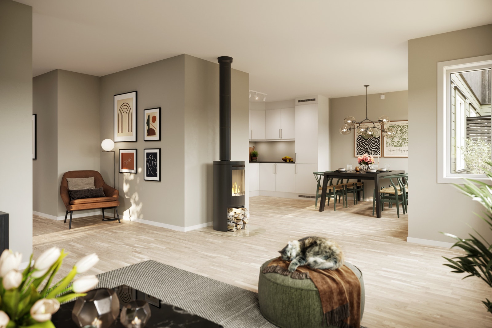 Interiørillustrasjon fra stue mot kjøkken Galleribilde