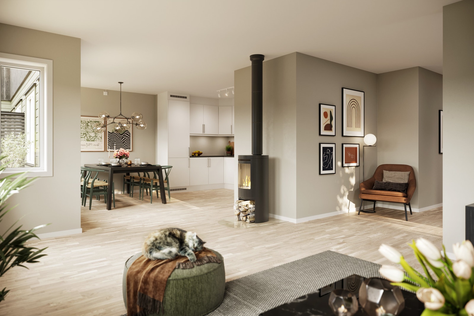 Interiørillustrasjon fra stue mot kjøkken Galleribilde