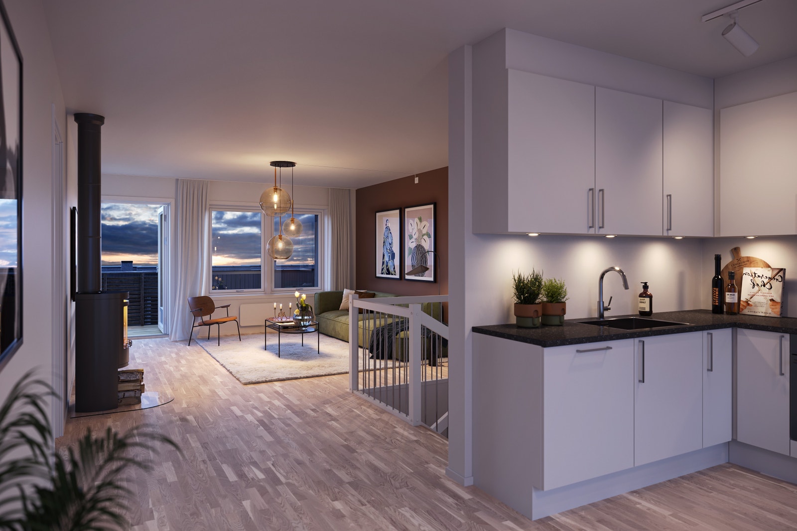 Interiørillustrasjon fra kjøkken mot stue Galleribilde