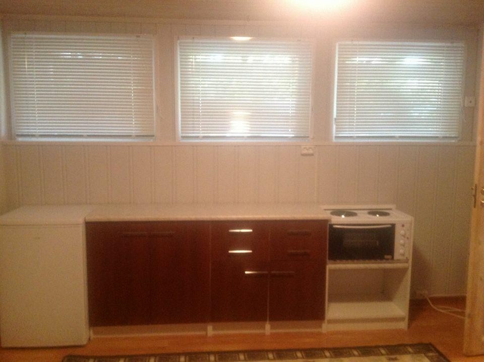 Del av kjøkken med ovn, kjøleskap, oppvaskmaskin og fryser Galleribilde