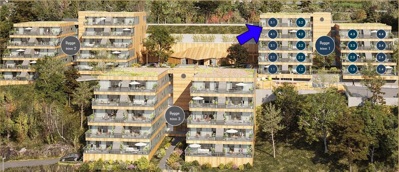 Fasade med leiligheter. Trinn 1 ligger øverst til høyre Galleribilde