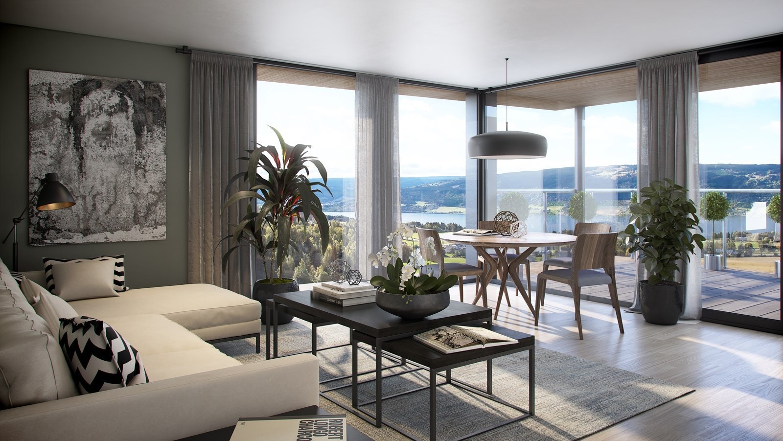 Fra stuen er det flott utsikt og utgang til stor terrasse. Bildet er en illustrasjon og kan avvike fra standard leveranse. Galleribilde