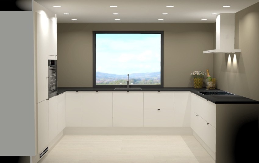 Kjøkken fra Systemkjøkken i modell Tromøy. Stilrent kjøkken med slette fronter og integrerte hvitevarer Galleribilde