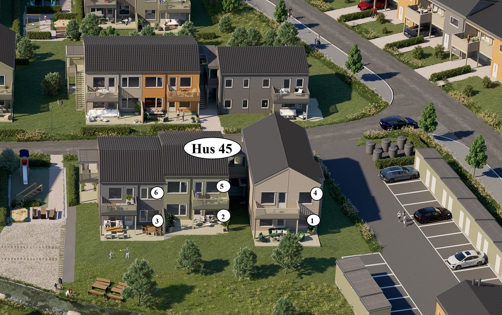 Illustrasjonsbilde av hus 45 med nummerering av leilighetene. Vi har kun igjen 45-4 for salg. Galleribilde