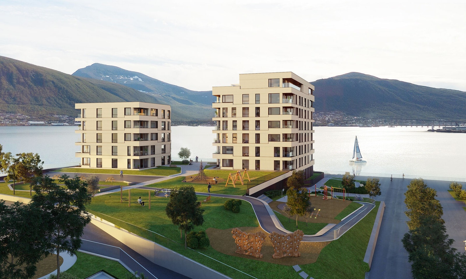 Flott beliggenhet rett ved vannkanten. Illustrasjon. Galleribilde