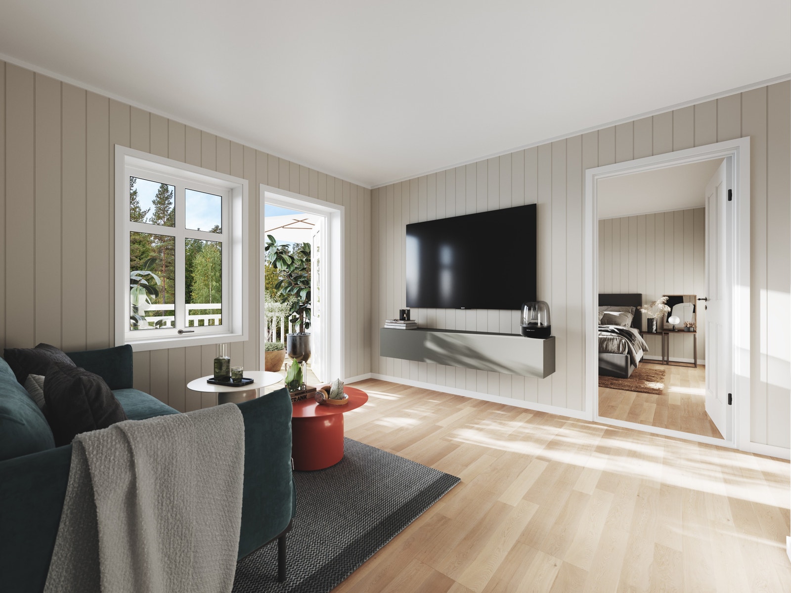 Illustrasjon viser mediarom med utgang til uteplass Galleribilde