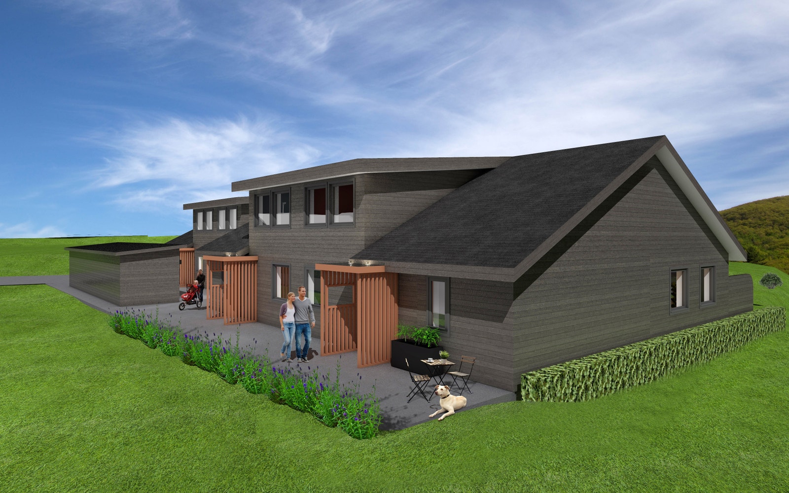 På baksiden av bygget finner man hovedinngangen til leilighetene, og sportsbod til hver enhet. Galleribilde