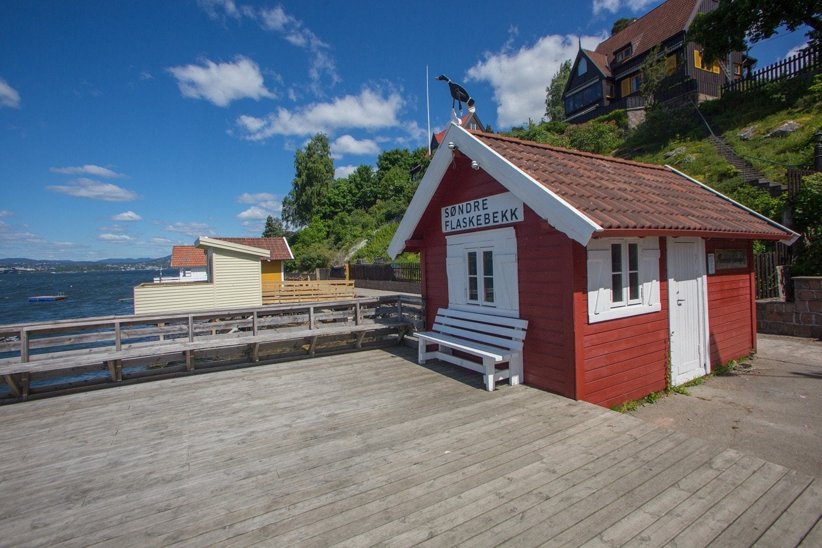 Flaskebekk brygge ligger på Strandpromenaden, 100m fra badehuset og 300m fra hovedhuset. Her er det en liten strand og en badebrygge. Galleribilde