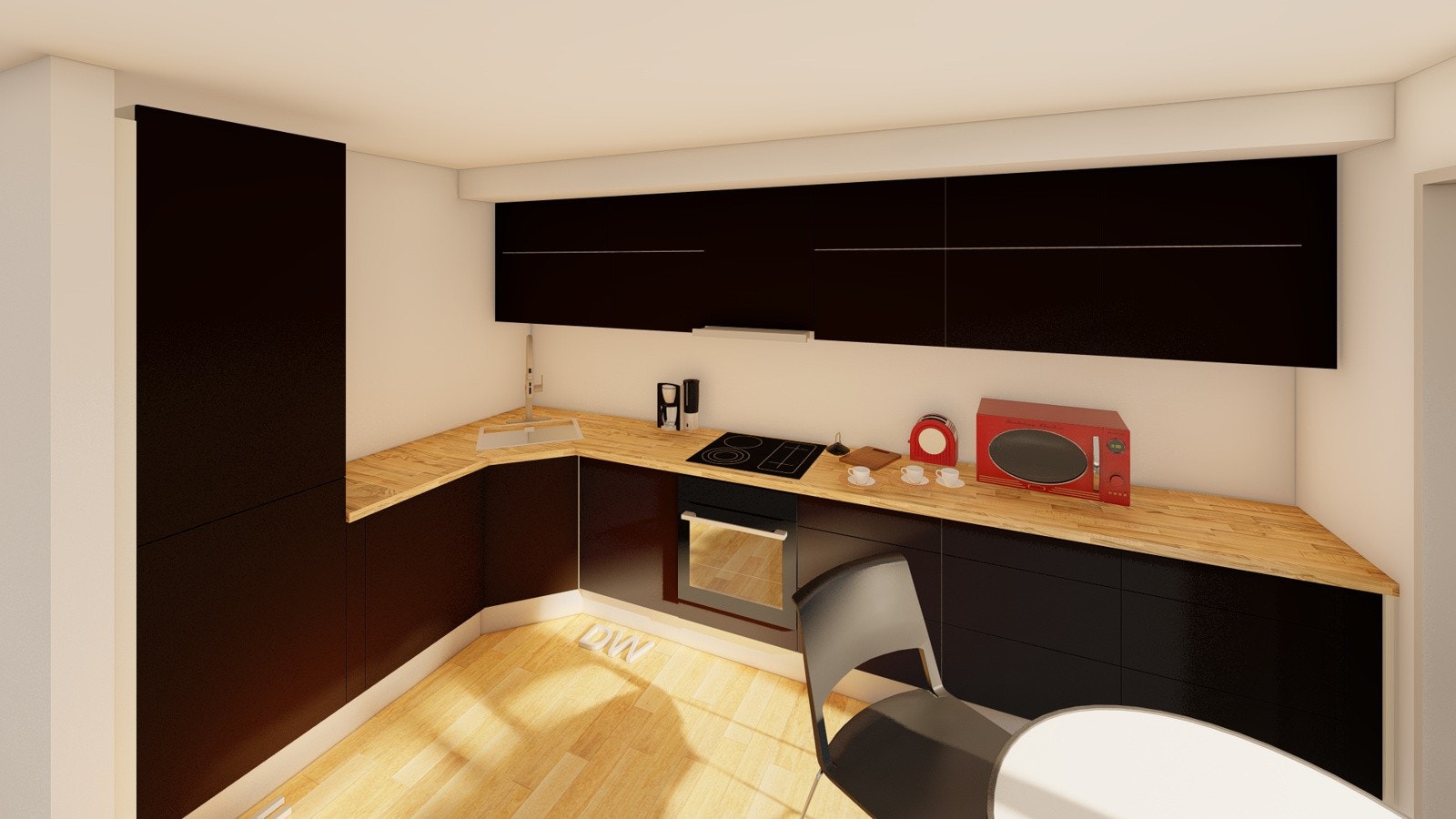 På kjøkken leveres det integrert kombiskap, oppvaskmaskin, komfyr og keramisk koketopp. Galleribilde