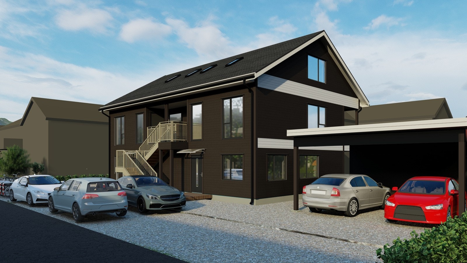 Leilighet 3 og 4 (de største) får egen carport. Leilighet 1 og 2 får parkeringsplass. Alle får egen sportsbod. Galleribilde