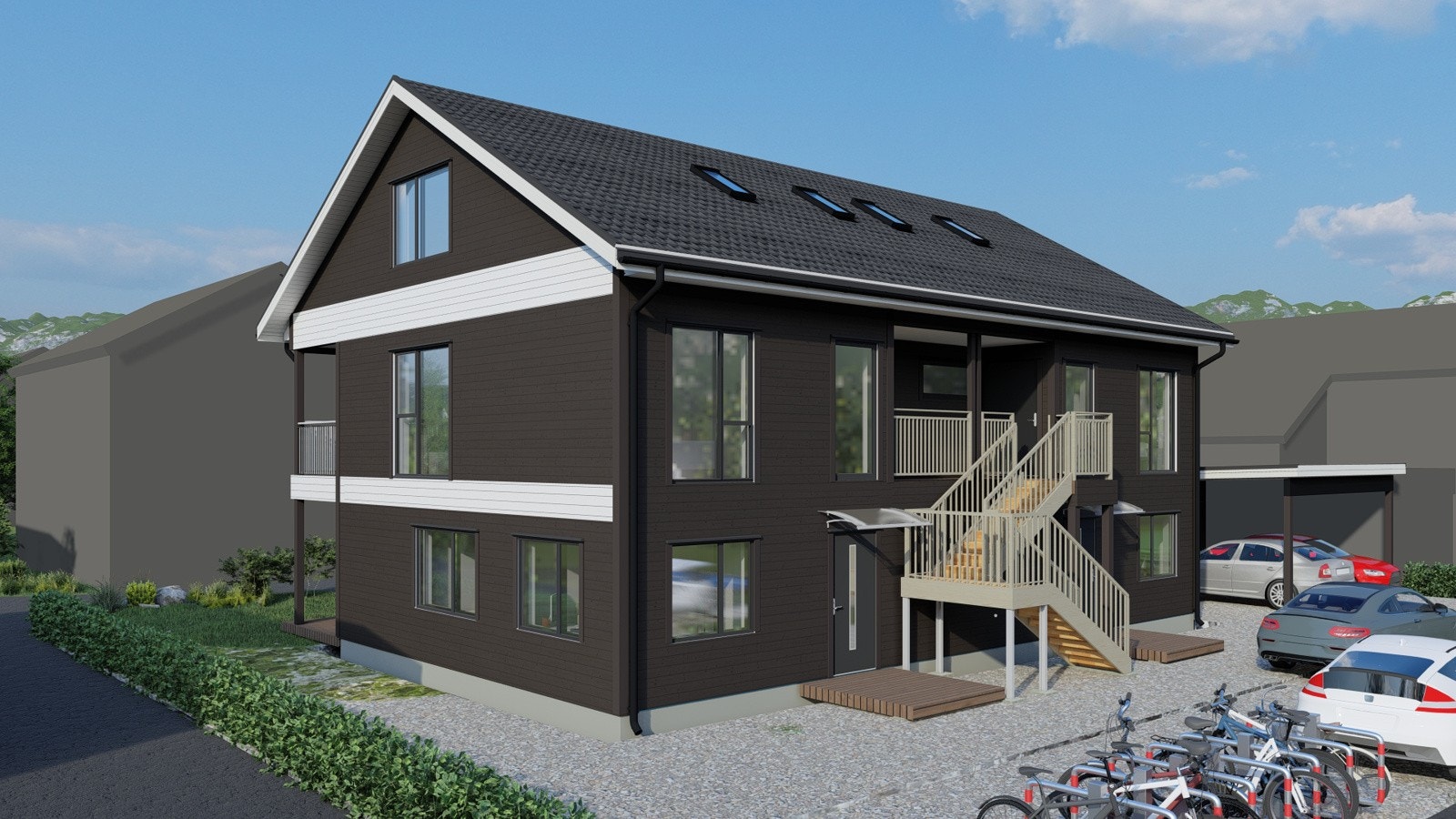 Fasade leveres mørkbeiset med mørke vinduer, enkelte lyse elementer. Galleribilde