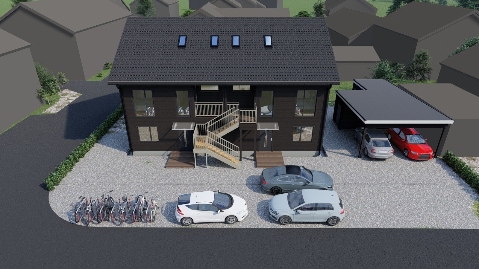 Området blir planert og tilsådd med noe beplantning. Gruset parkeringsområde. Galleribilde