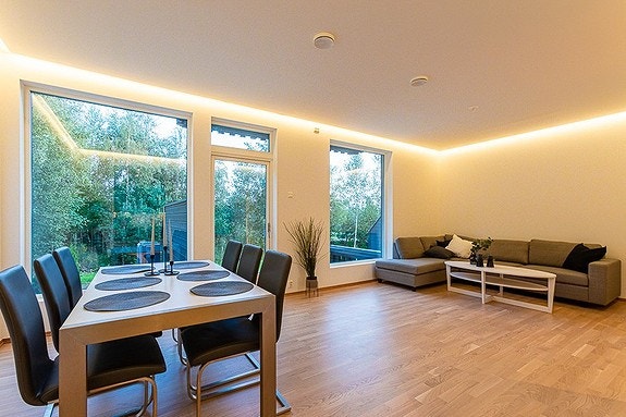 Stue med el-peis og innebygget lys i tak Galleribilde