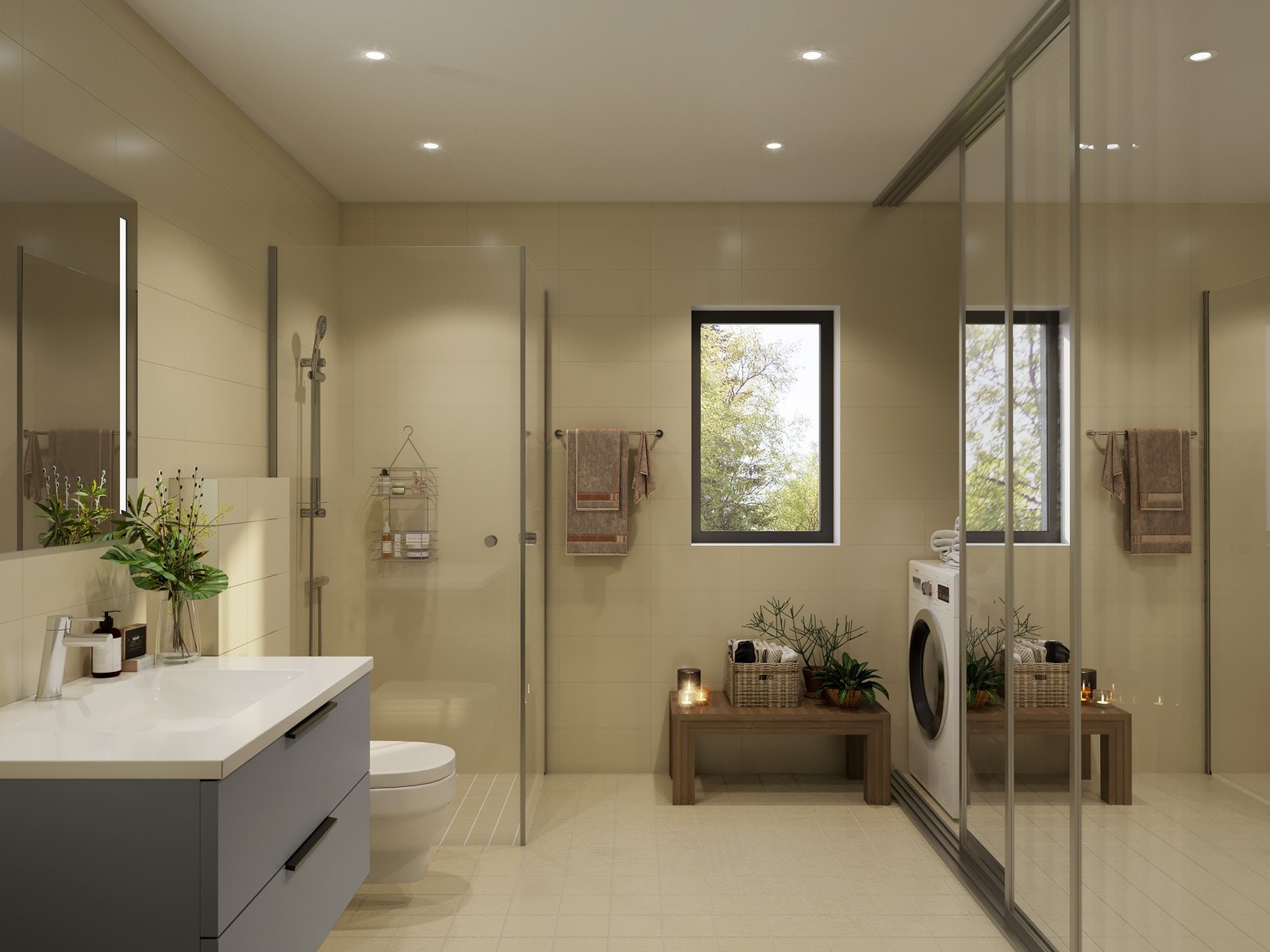 Illustrasjon - Romslig bad med skyvedører til vaske-delen Galleribilde