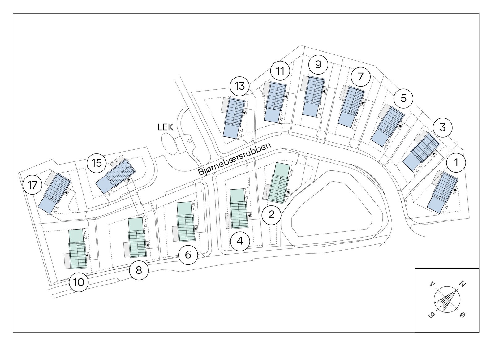 Situasjonskart - like boliger (de ulike fargene viser "rettvendt/ speilvendt") Galleribilde