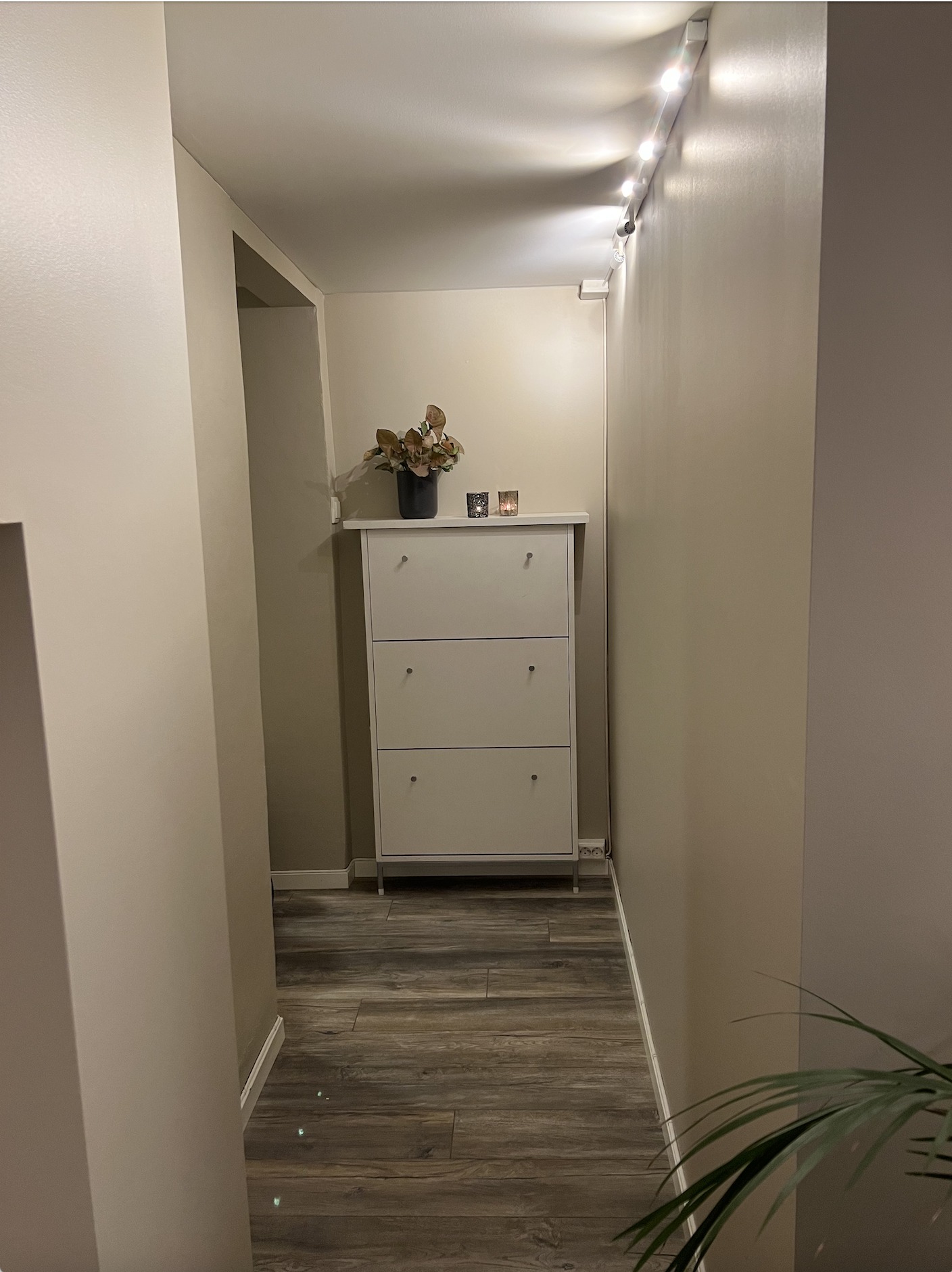 Kommode i enden av gang. Her monteres også knagger på vegger for ekstra oppbevaring. Dim-bare spoter i tak. Galleribilde