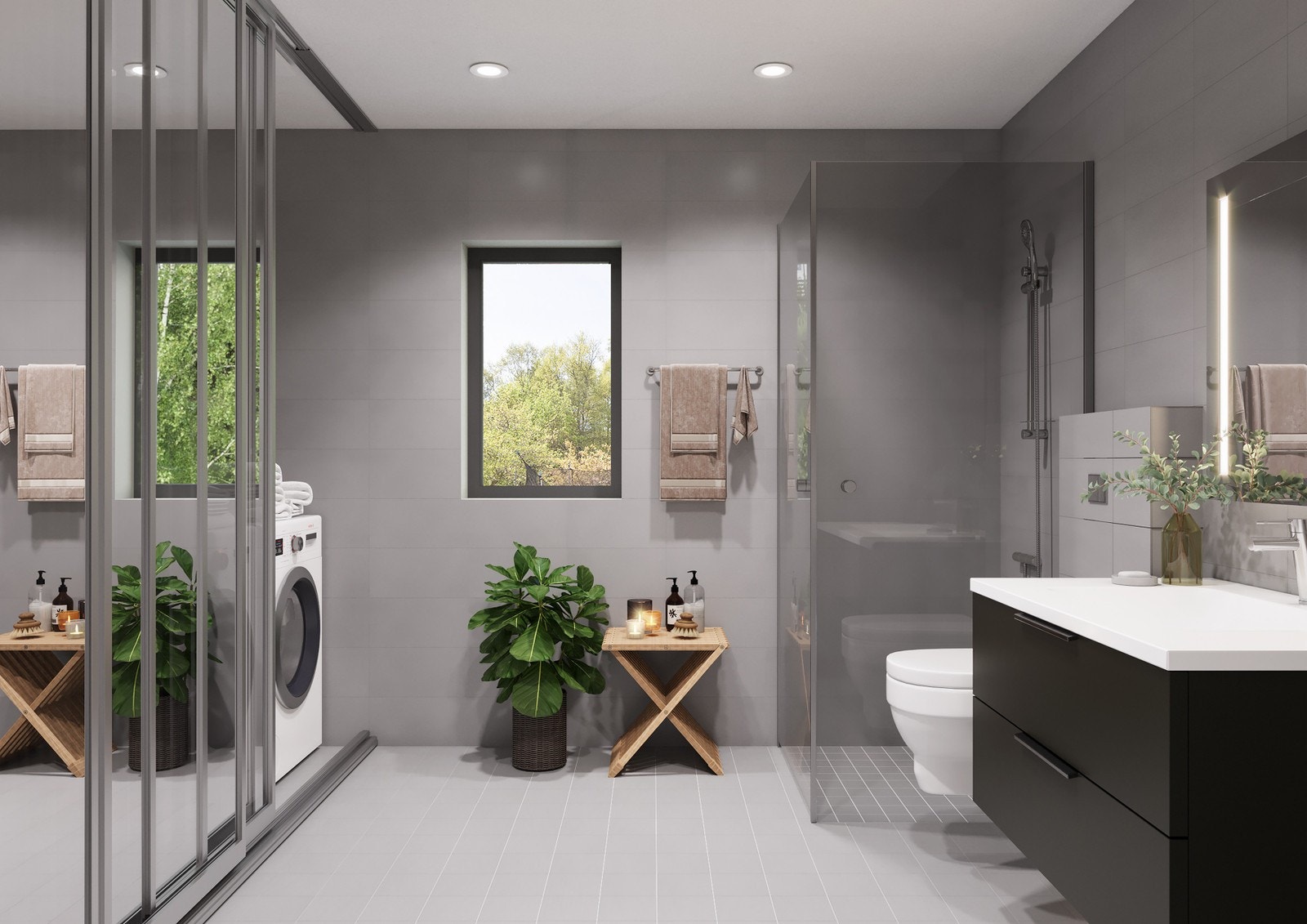 Illustrasjon - Romslig bad med skyvedører til vaske-delen Galleribilde