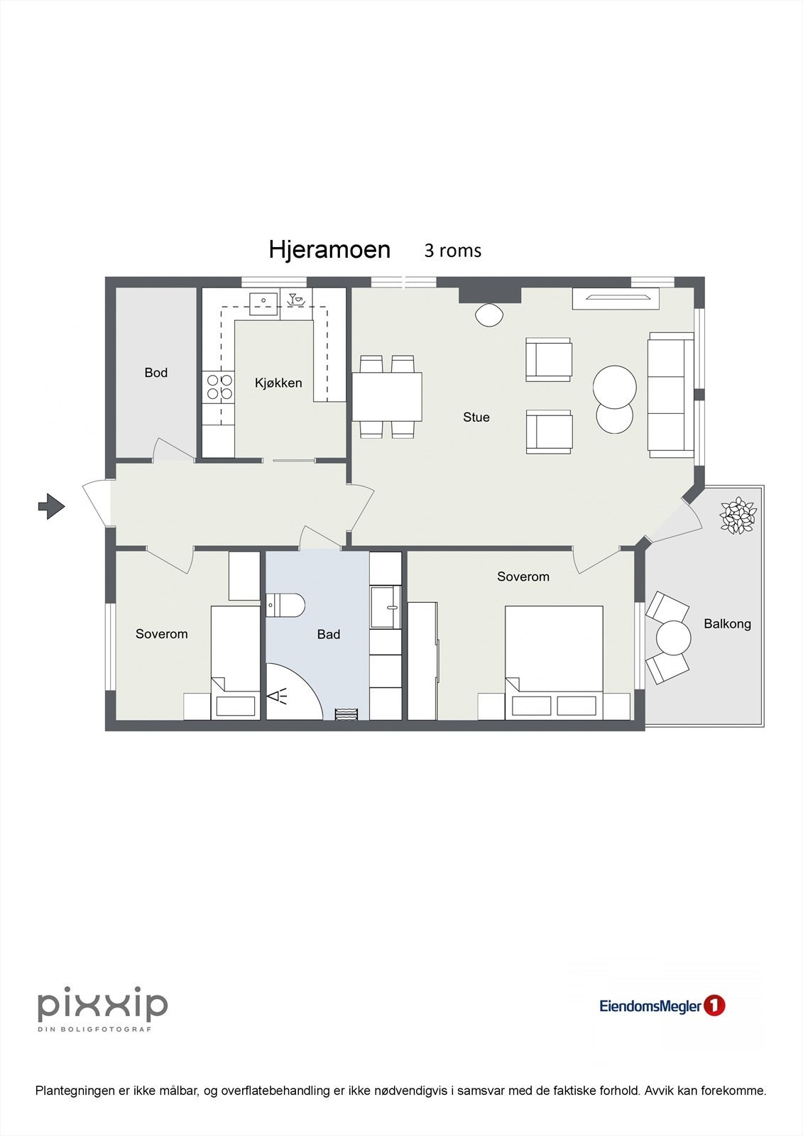 Plantegning 3 roms 2D Galleribilde