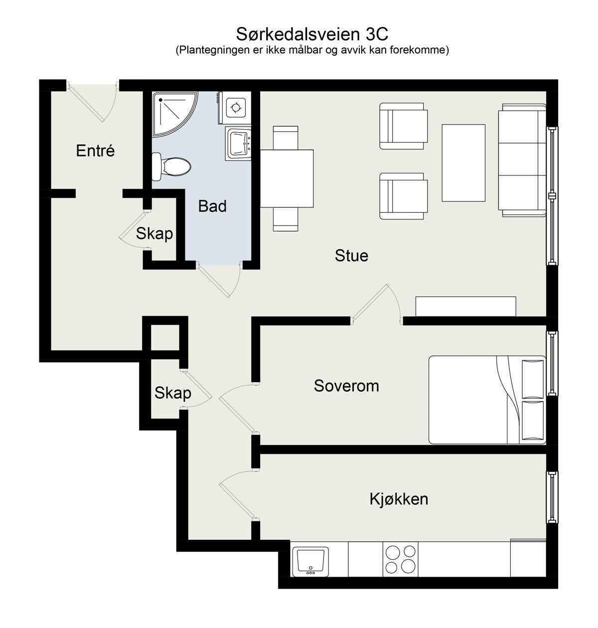 Praktisk planløsning. Kjøkken kan evt. flyttes til stue ved behov for et ekstra soverom, evt kan et 3je soverom etableres i del av stue, kombinert med mindre kjøkken. Galleribilde