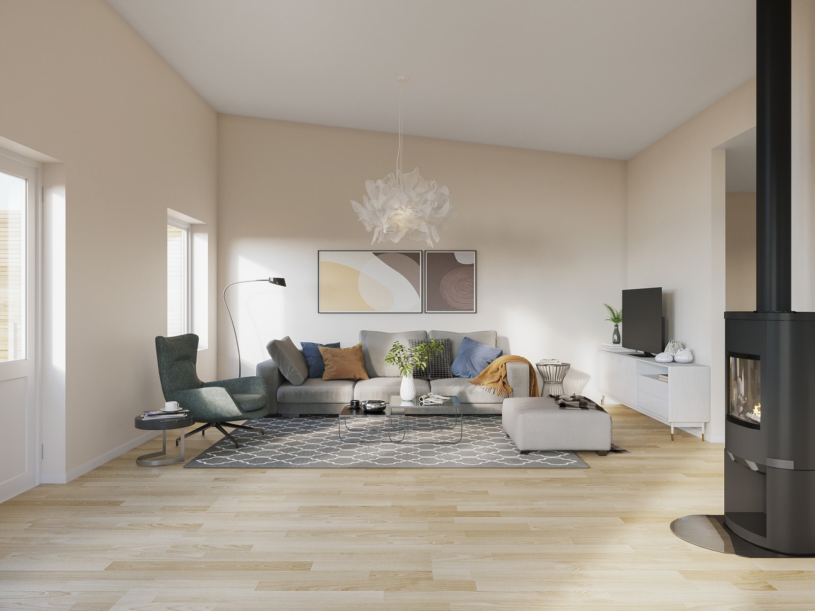 Illustrasjon - Stue med åpen himling Galleribilde