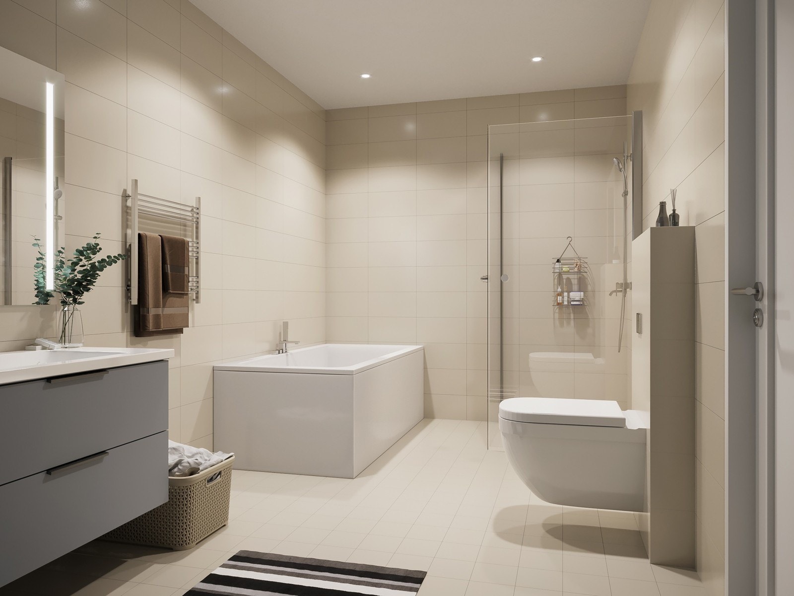 Illustrasjon - Romslig bad i u etasjen (badekar leveres som tilvalg) Galleribilde