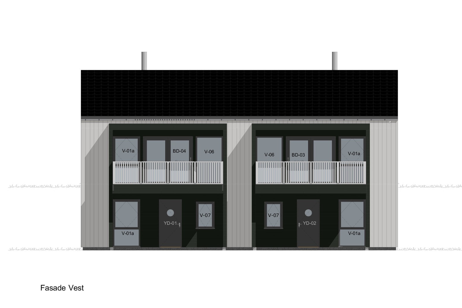 Fasadetegning av tomannsboligens inngangsside mot vest. Galleribilde