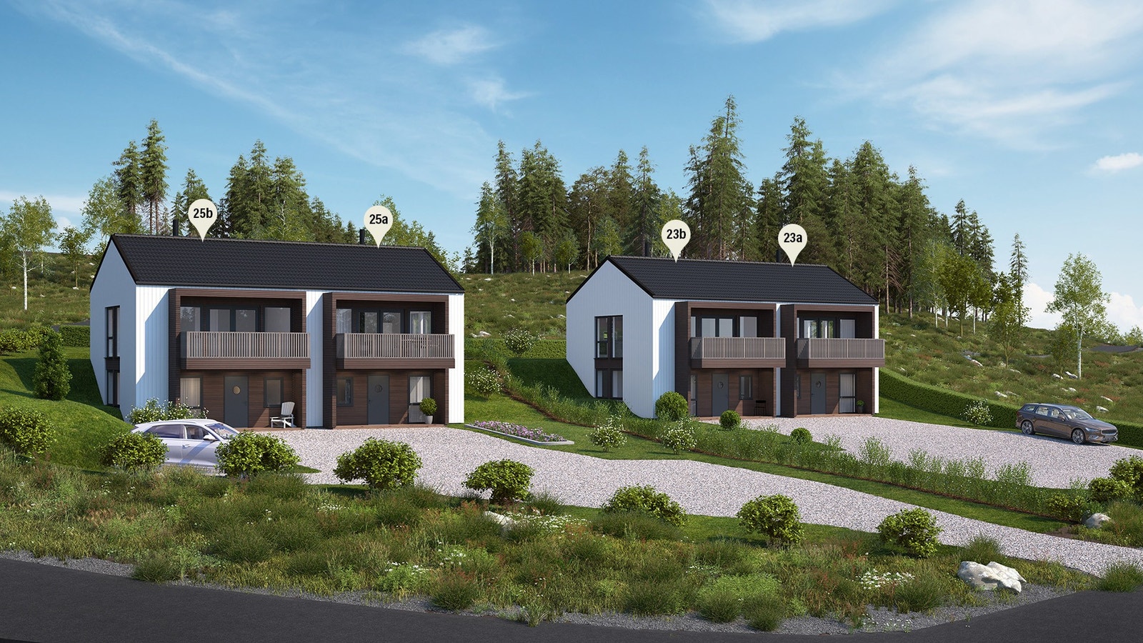 25B er venstre halvpart i boligen til venstre på illustrasjonen. Illustrasjonen er av boligene på tomten, men kan likevel avvike i forhold til leveranse. Galleribilde