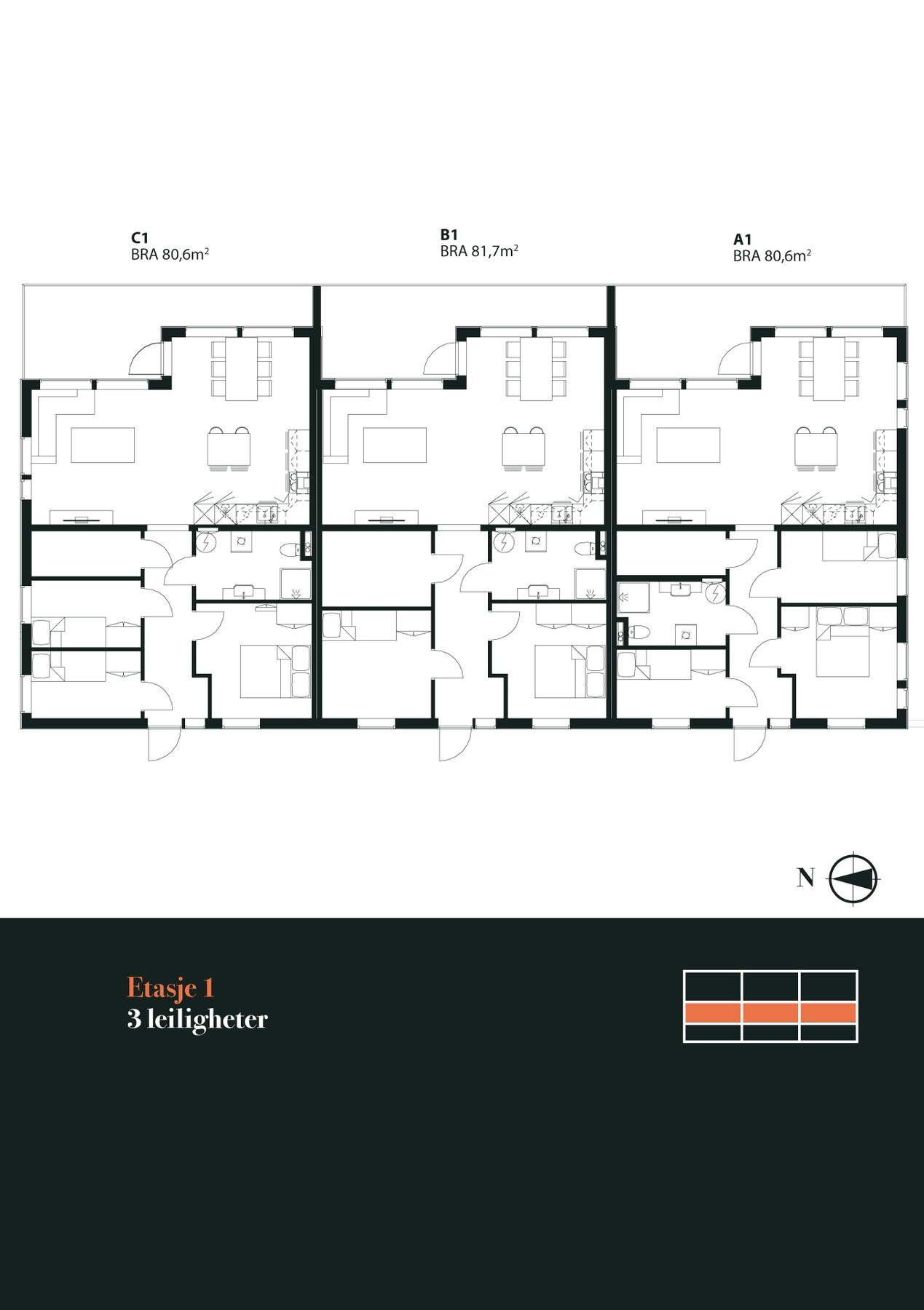 Oversikt: 1. Etasje
3 stk leiligheter Galleribilde