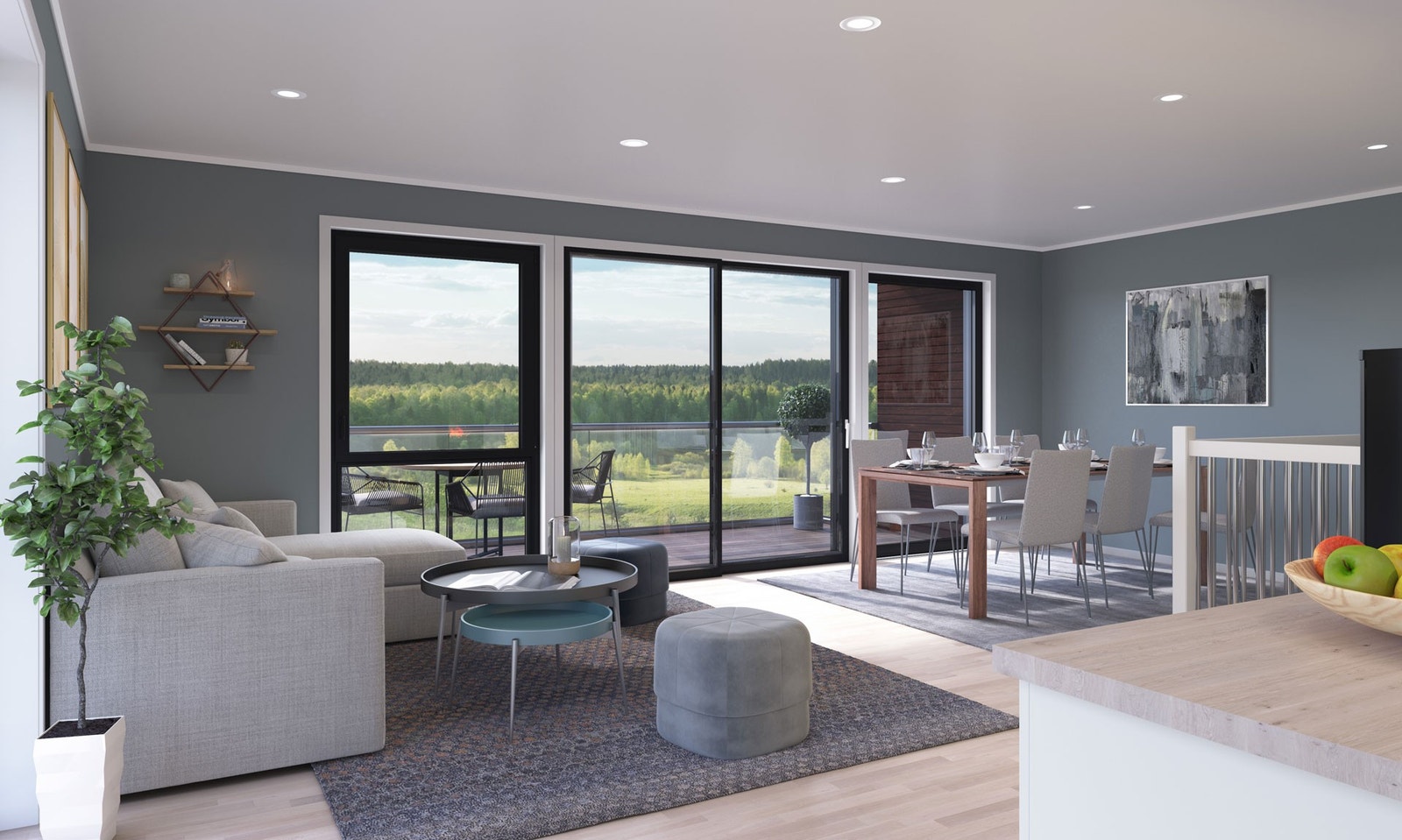 Fra stuen i andre etasje får du flott utsikt og utgang til overbygd veranda. Illustrasjon av boligen, avvik kan forekomme. Galleribilde