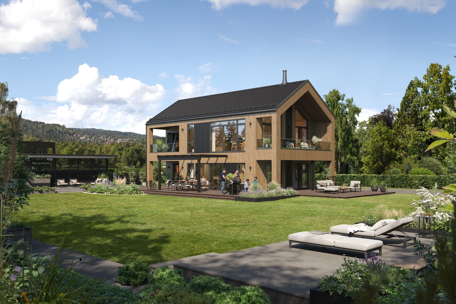 Store vinduer, smart planløsning og flere utplasser - den perfekte familieboligen. Her vist med saltak. Illustrasjonen kan fravike fra faktisk leveranse og miljø. Galleribilde