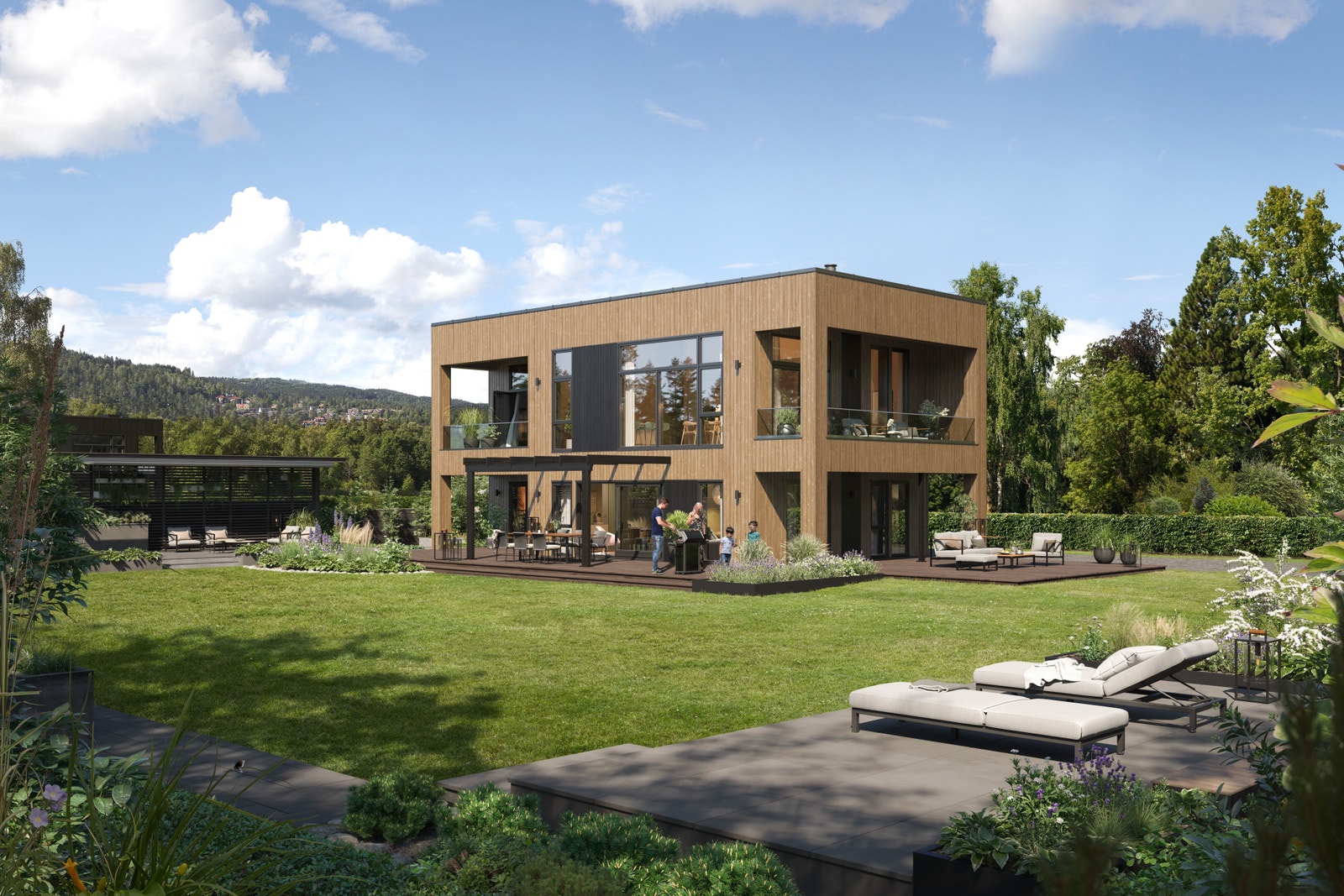 Boligen vist med flatt tak (kun på tomt 4-8). Illustrasjonen kan fravike fra faktisk leveranse og miljø. Galleribilde